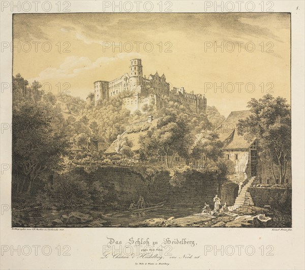 Six Views of Heidelberg Castle: Eastward , 1820. Ernst Fries (German, 1801-1833), Mohr & Winter, Heidelberg. Lithograph printed in black with two tint stones: pale ochre overall and grey selectively ; sheet: 38.5 x 50 cm (15 3/16 x 19 11/16 in.).