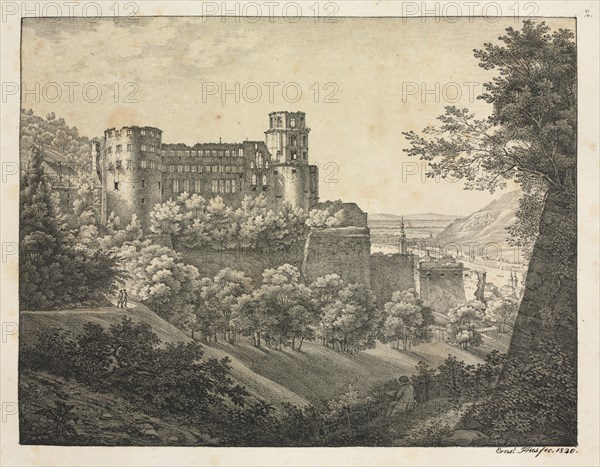 Six Views of Heidelberg Castle: Towards Northeast, 1820. Ernst Fries (German, 1801-1833), Mohr & Winter, Heidelberg. Lithograph printed in black with two tint stones: deep ochre overall and grey selectively; sheet: 38.5 x 50 cm (15 3/16 x 19 11/16 in.)