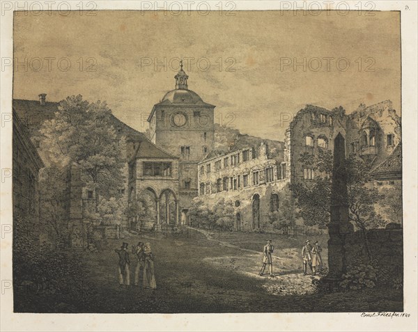 Six Views of Heidelberg Castle: Castle Terrace, 1820. Ernst Fries (German, 1801-1833), Mohr & Winter, Heidelberg. Lithograph printed in black and two tint stones: medium ochre overall and dark ochre/warm grey selectively; sheet: 38.5 x 50 cm (15 3/16 x 19 11/16 in.)