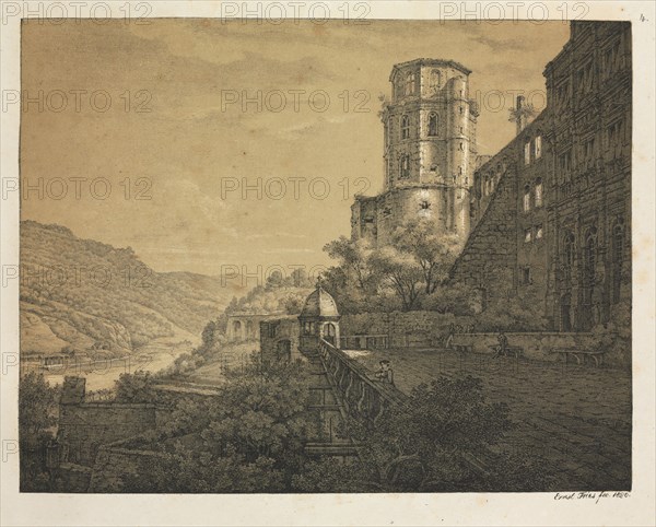 Six Views of Heidelberg Castle: Yard, at the Entrance , 1820. Ernst Fries (German, 1801-1833), Mohr & Winter, Heidelberg. Lithograph printed in black and two tint stones: pale ochre overall and dark ochre/warm grey selectively; sheet: 38.5 x 50 cm (15 3/16 x 19 11/16 in.).