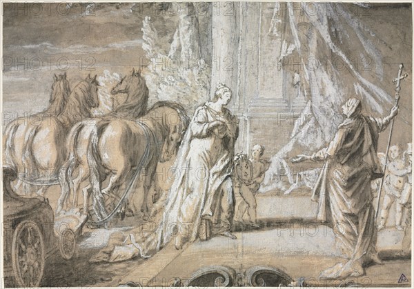 Madame de Maintenon Returning to the Catholic Church [2], 1700s. Charles Dominique Joseph Eisen (French, 1720-1778). Black chalk and brown wash, heightened extensively with white (gouache) and graphite ; sheet: 27.5 x 33.2 cm (10 13/16 x 13 1/16 in.).