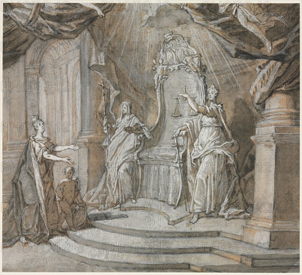 Madame de Maintenon Returning to the Catholic Church [1], 1700s. Charles Dominique Joseph Eisen (French, 1720-1778). Black chalk and brown wash, heightened extensively with white (gouache) with graphite; sheet: 27 x 28.5 cm (10 5/8 x 11 1/4 in.).