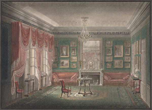 Interior View, c. 1805-1810. Anonymous. Watercolor and pen and black ink heightened with white, shell gold, and touches of other opaque colors and with traces of graphite; sheet: 30.4 x 42.6 cm (11 15/16 x 16 3/4 in.); mounted: 40.4 x 49.9 cm (15 7/8 x 19 5/8 in.).