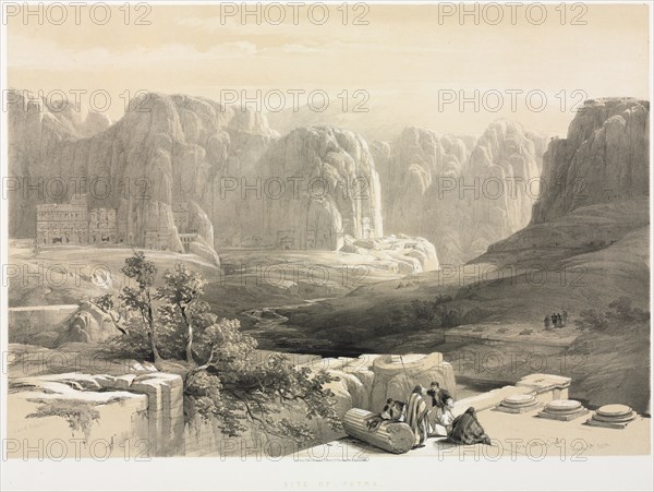 The Holy Land, Syria, Idumea, Arabia, Egypt & Nubia (Vol. III): Petra, Looking South, 1842. Louis Haghe (British, 1806-1885), F.G. Moon, after David Roberts (British, 1796-1864). Lithograph with black and beige tint stone; sheet: 43.1 x 60.9 cm (16 15/16 x 24 in.); image: 36.2 x 51.7 cm (14 1/4 x 20 3/8 in.)