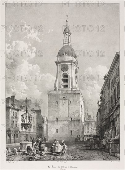 Picturesque and Romantic Travels in Old France, Picardie:  The Belfry Tower of Amiens, Picardie (Voyages pittoresques et romantiques dans l'ancienne France, Picardie : La Tour du Beffroi d' Amiens, Picardie), after François Bonhommé (French, 1809-1881), 1835. Louis Haghe (British, 1806-1885), Thierry Brothers. Lithograph on chine colle; sheet: 36.1 x 26.6 cm (14 3/16 x 10 1/2 in.); image: 32.7 x 23.7 cm (12 7/8 x 9 5/16 in.); secondary support: 47.4 x 35.3 cm (18 11/16 x 13 7/8 in.)