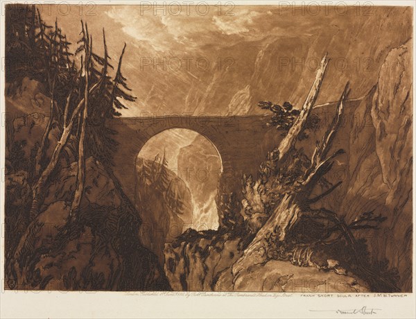 Little Devil's Bridge, 1886. Frank Short (British, 1857-1945), Robert Dunthorne, London, after Joseph Mallord William Turner (British, 1775-1851). Etching and mezzotint; sheet: 24.3 x 31.9 cm (9 9/16 x 12 9/16 in.); platemark: 22.7 x 30.4 cm (8 15/16 x 11 15/16 in.)