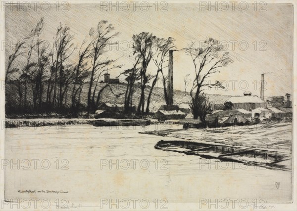A Wintry Blast on the Stourbridge Canal, 1890. Frank Short (British, 1857-1945), Print Collectors' Club. Drypoint; sheet: 22.3 x 32.4 cm (8 3/4 x 12 3/4 in.); image: 17.4 x 25.1 cm (6 7/8 x 9 7/8 in.)
