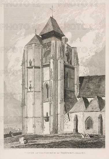 Architectural Antiquities of Normandy (Vol. II), Pl. 66:  Tower of the Church of Tréport, near Eu, 1821, published 1822. John Sell Cotman (British, 1782-1842), J & A Arch, Cornhill & J.S. Cotman, London 1821. Softground etching; sheet: 48.6 x 34 cm (19 1/8 x 13 3/8 in.); platemark: 33.2 x 22.8 cm (13 1/16 x 9 in.)