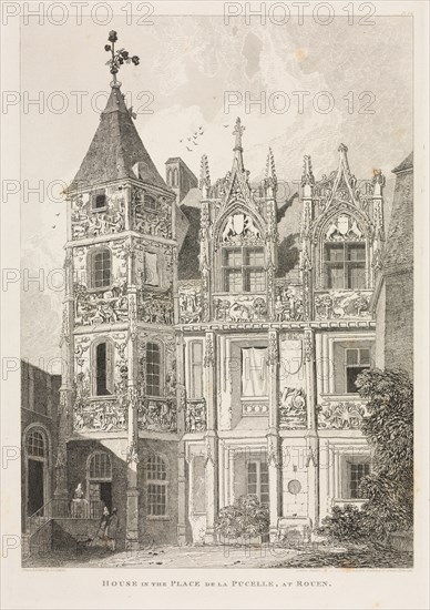 Architectural Antiquities of Normandy (Vol. II), Pl. 64:  House in the Place de la Pucelle, at Rouen, 1821, published 1822. John Sell Cotman (British, 1782-1842), J & A Arch, Cornhill & J.S. Cotman. Softground etching; sheet: 47.2 x 33.5 cm (18 9/16 x 13 3/16 in.); platemark: 36.8 x 25.3 cm (14 1/2 x 9 15/16 in.)