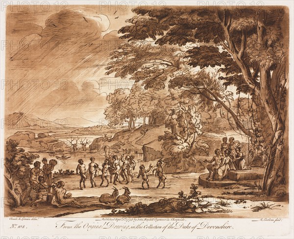 Liber Veritatis:  No. 108, Landscape with Satyrs and Nymphs Dancing, 1775. Richard Earlom (British, 1743-1822), after Claude Lorrain (French, 1604-1682), John Boydell. Etching and mezzotint printed in brown; sheet: 27.2 x 40.2 cm (10 11/16 x 15 13/16 in.); platemark: 20.8 x 26.2 cm (8 3/16 x 10 5/16 in.).