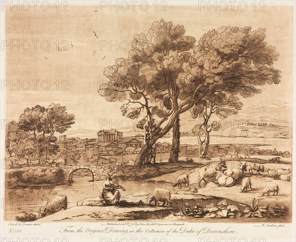 Liber Veritatis:  No. 135, A Landscape, with Buildings, Mercury Stealing Admetuss' Cattle from Apollo, 1776. Richard Earlom (British, 1743-1822), after Claude Lorrain (French, 1604-1682), John Boydell. Etching and mezzotint printed in brown; sheet: 29.1 x 43 cm (11 7/16 x 16 15/16 in.); platemark: 20.9 x 26 cm (8 1/4 x 10 1/4 in.)