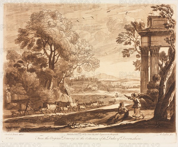 Liber Veritatis:  No. 133, A Landscape, with Cattle, and the Angel Comforting Hagar, 1776. Richard Earlom (British, 1743-1822), after Claude Lorrain (French, 1604-1682), John Boydell. Etching and mezzotint printed in brown; sheet: 29 x 43 cm (11 7/16 x 16 15/16 in.); platemark: 21 x 26.2 cm (8 1/4 x 10 5/16 in.).
