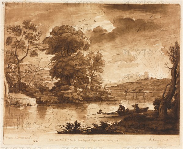 Liber Veritatis:  No. 68, A Landscape at Sunset with Fishermen Drawing a Net, 1774. Richard Earlom (British, 1743-1822), after Claude Lorrain (French, 1604-1682), John Boydell. Etching and mezzotint printed in brown; sheet: 26.6 x 40.7 cm (10 1/2 x 16 in.); platemark: 20.7 x 25.7 cm (8 1/8 x 10 1/8 in.)