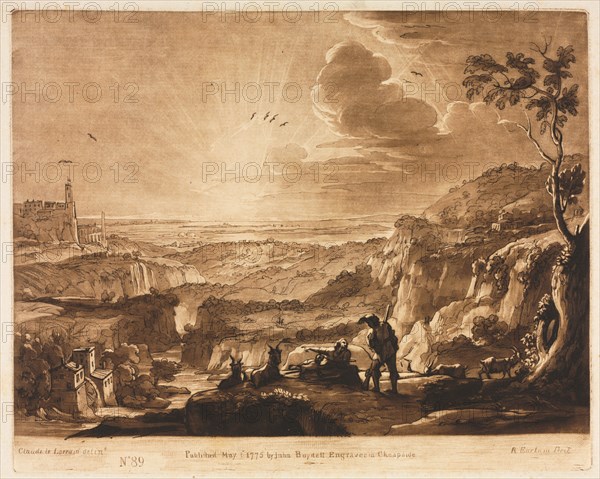 Liber Veritatis:  No. 89, View of a Mountainous Extended Country, 1775. Richard Earlom (British, 1743-1822), after Claude Lorrain (French, 1604-1682), John Boydell. Etching and mezzotint printed in brown; sheet: 26.3 x 40.7 cm (10 3/8 x 16 in.); platemark: 20.6 x 25.8 cm (8 1/8 x 10 3/16 in.)