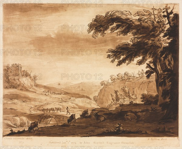 Liber Veritatis:  No. 7, An Island Scene of a Mountainous Country with Cattle, 1774. Richard Earlom (British, 1743-1822), after Claude Lorrain (French, 1604-1682), John Boydell. Etching and mezzotint printed in brown; sheet: 27.3 x 40.6 cm (10 3/4 x 16 in.); platemark: 20.9 x 25.8 cm (8 1/4 x 10 3/16 in.)