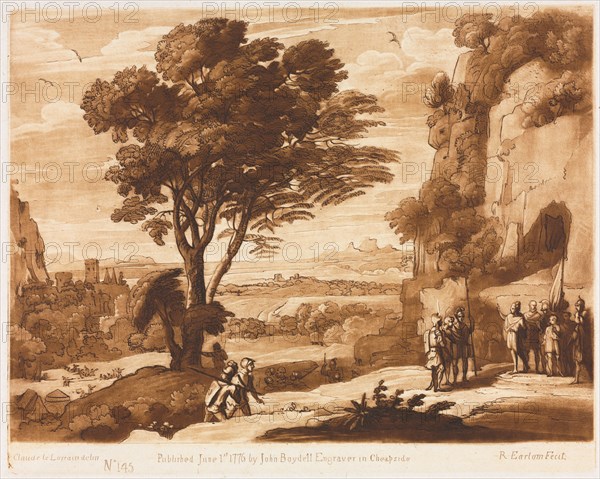 Liber Veritatis:  No. 145, A Landscape, with Figures, Simon brought before Priam, 1776. Richard Earlom (British, 1743-1822), after Claude Lorrain (French, 1604-1682), John Boydell. Etching and mezzotint printed in brown; sheet: 28.1 x 41 cm (11 1/16 x 16 1/8 in.); platemark: 20.6 x 26 cm (8 1/8 x 10 1/4 in.)