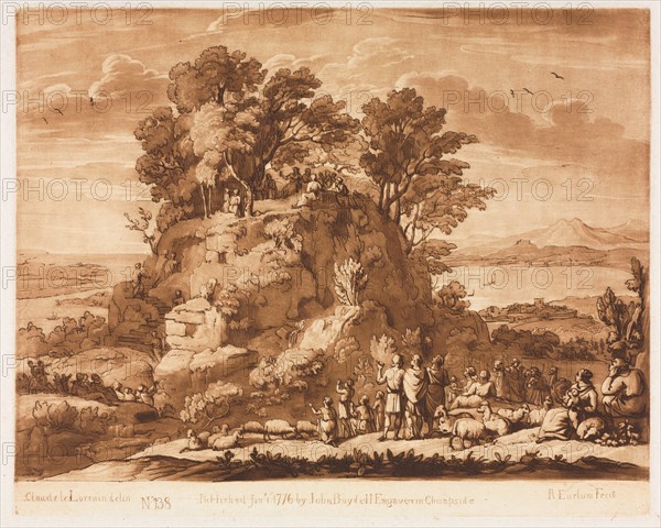 Liber Veritatis:  No. 138, A View of the Sea, with Christ Preaching on the Mount (the water below may probably be intended for the Sea of Tiberius), 1776. Richard Earlom (British, 1743-1822), after Claude Lorrain (French, 1604-1682), John Boydell. Etching and mezzotint printed in brown; sheet: 28.1 x 41 cm (11 1/16 x 16 1/8 in.); platemark: 20.8 x 25.8 cm (8 3/16 x 10 3/16 in.)