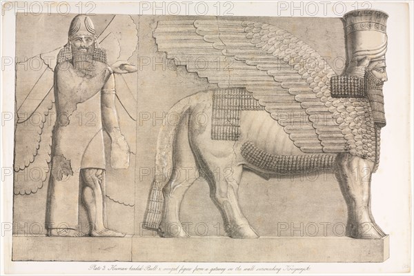 Monuments of Ninevah: Plate 3, Human-headed Bull and Winged Figure from a Gateway in the Wall Surrounding Kouyunjik (Quyunjik), 1853. Austen Henry Layard (British, 1817-1894). Lithograph in black and beige; sheet: 37.7 x 56.7 cm (14 13/16 x 22 5/16 in.); image: 34.3 x 52.5 cm (13 1/2 x 20 11/16 in.)