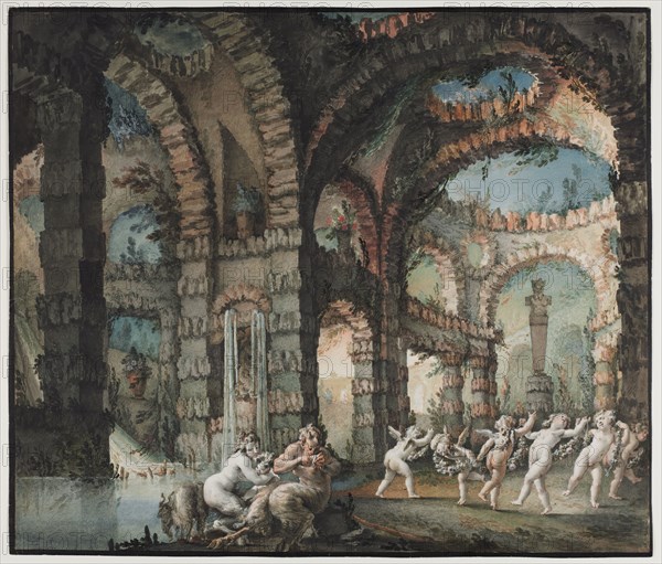 Family of Satyrs with Dancing Cherubs, c. 1775-1776. Giovanni David (Italian, 1743-1790). Watercolor and extensive point of brush work with graphite and white gouache on laid paper; sheet: 48.3 x 55.8 cm (19 x 21 15/16 in.).