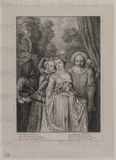 The Clothes are Italian, 1715-1716. Jean Antoine Watteau (French, 1684-1721), and Charles Simonneau (French, 1645-1728). Etching and engraving; sheet: 37.2 x 26.9 cm (14 5/8 x 10 9/16 in.); platemark: 30.5 x 21.3 cm (12 x 8 3/8 in.)