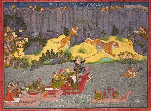 Tiger Hunt of Raja Ram Singh II, c. 1830-1840. Northern India, Rajasthan, Kotah, 19th century. Opaque watercolor, silver and gold on paper; framed: 92.7 x 76.8 cm (36 1/2 x 30 1/4 in.); unframed: 64.8 x 48.9 cm (25 1/2 x 19 1/4 in.).