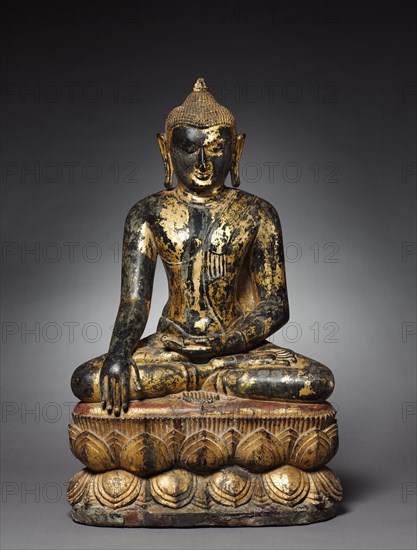 Seated Buddha, 1100s. Burma (Myanmar). Gilt lacquer on solid wood; overall: 100 x 62 x 30 cm (39 3/8 x 24 7/16 x 11 13/16 in.).