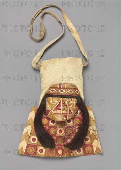 Bag with Human Face, 600-1000. Andes, Wari, Middle Horizon, 6th-10th century. Alpaca or llama hide, human hair, pigment, cotton; coca leaf contents; overall: 26.7 x 23.2 cm (10 1/2 x 9 1/8 in.); bag: 26 cm (10 1/4 in.).