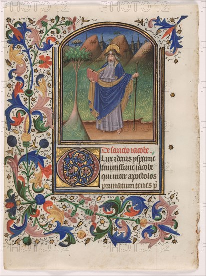 Leaf from a Book of Hours: Saint James the Greater, c. 1440-1450. Master of the Gold Scrolls (Belgian). Ink, tempera and gold on vellum; leaf: 14.9 x 11.2 cm (5 7/8 x 4 7/16 in.)
