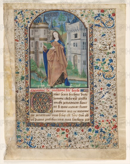 Leaf from a Book of Hours: St. Barbara (2 of 2 Excised Leaves), c. 1465. Master of Jacques de Luxembourg (French). Ink, tempera and gold on vellum; leaf: 23.7 x 18.6 cm (9 5/16 x 7 5/16 in.).