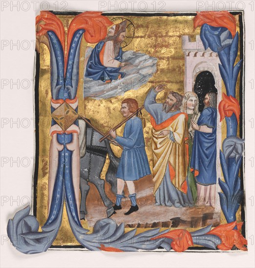 Cutting from a Gradual: Initial I with Departure of Tobias, c. 1390. "Master of Noah's Ark" (Italian). Ink, tempera and gold on vellum; leaf: 17.8 x 17.4 cm (7 x 6 7/8 in.)