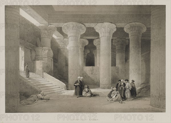 Egypt and Nubia, Volume I: Temple at Esneh, 1846. Louis Haghe (British, 1806-1885), F.G.Moon, 20 Threadneedle Street, London, after David Roberts (British, 1796-1864). Color lithograph; sheet: 43.1 x 60.4 cm (16 15/16 x 23 3/4 in.); image: 32.2 x 48 cm (12 11/16 x 18 7/8 in.)