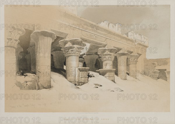 Egypt and Nubia Volume I: Portico of the Temple Edfou, Upper Egypt, 1846. Louis Haghe (British, 1806-1885), F.G.Moon, 20 Threadneedle Street, London, after David Roberts (British, 1796-1864). Color lithograph; sheet: 43.5 x 60.3 cm (17 1/8 x 23 3/4 in.); image: 33.3 x 51.1 cm (13 1/8 x 20 1/8 in.)