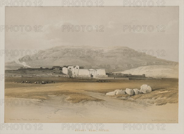 Egypt and Nubia, Volume II: Medinet abou, Thebes, 1847. Louis Haghe (British, 1806-1885), F.G.Moon, 20 Threadneedle Street, London, after David Roberts (British, 1796-1864). Color lithograph; sheet: 43.5 x 60.3 cm (17 1/8 x 23 3/4 in.); image: 32.8 x 49 cm (12 15/16 x 19 5/16 in.).