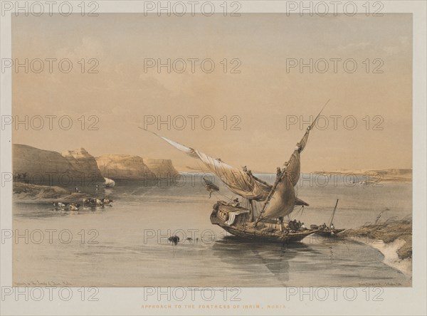Egypt and Nubia, Volume II: Approach to the Fortress of Ibrim, Nubia, 1847. Louis Haghe (British, 1806-1885), F.G.Moon, 20 Threadneedle Street, London, after David Roberts (British, 1796-1864). Color lithograph; sheet: 43.5 x 60.3 cm (17 1/8 x 23 3/4 in.); image: 33.1 x 48.2 cm (13 1/16 x 19 in.)