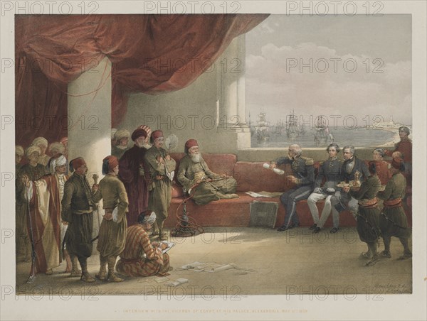 Egypt and Nubia, Volume III: Interview with the Viceroy of Egypt, at his Palace, Alexandria, 1848. Louis Haghe (British, 1806-1885), F.G.Moon, 20 Threadneedle Street, London, after David Roberts (British, 1796-1864). Color lithograph; sheet: 43.7 x 60.3 cm (17 3/16 x 23 3/4 in.); image: 34.6 x 48.6 cm (13 5/8 x 19 1/8 in.)