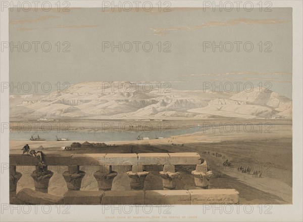Egypt and Nubia, Volume I: Libyan Chain of Mountains, from the Temple of Luxor, 1847. Louis Haghe (British, 1806-1885), F.G.Moon, 20 Threadneedle Street, London, after David Roberts (British, 1796-1864). Color lithograph; sheet: 43 x 60.4 cm (16 15/16 x 23 3/4 in.); image: 34.7 x 50 cm (13 11/16 x 19 11/16 in.)
