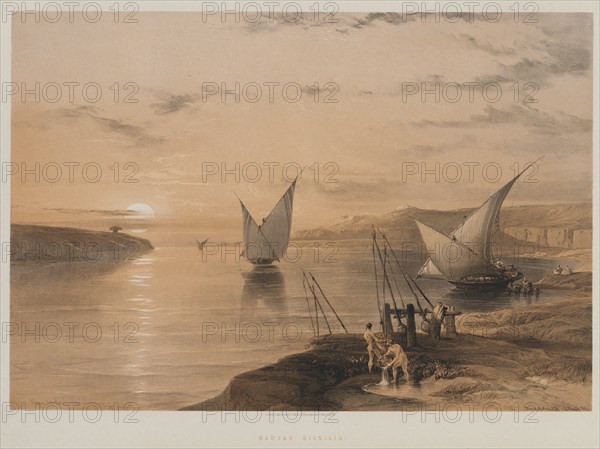 Egypt and Nubia, Volume II: Hagar Setsilis, 1847. Louis Haghe (British, 1806-1885), F.G.Moon, 20 Threadneedle Street, London, after David Roberts (British, 1796-1864). Color lithograph; sheet: 43.8 x 60.2 cm (17 1/4 x 23 11/16 in.); image: 34.5 x 50.4 cm (13 9/16 x 19 13/16 in.)