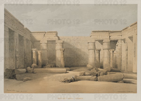 Egypt and Nubia, Volume II: Medinet Abou, Thebes, 1847. Louis Haghe (British, 1806-1885), F.G.Moon, 20 Threadneedle Street, London, after David Roberts (British, 1796-1864). Color lithograph; sheet: 43.8 x 60.2 cm (17 1/4 x 23 11/16 in.); image: 32.9 x 49.1 cm (12 15/16 x 19 5/16 in.)