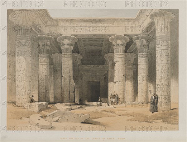 Egypt and Nubia, Volume I: Grand Portico of the Temple of Philae, Nubia, 1847. Louis Haghe (British, 1806-1885), F.G.Moon, 20 Threadneedle Street, London, after David Roberts (British, 1796-1864). Color lithograph; sheet: 43.2 x 60.4 cm (17 x 23 3/4 in.); image: 34.7 x 49.3 cm (13 11/16 x 19 7/16 in.)