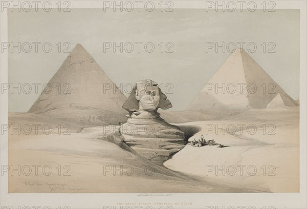 Egypt and Nubia, Volume I: The Great Sphinx, Pyramids of Gezeeh, 1846. Louis Haghe (British, 1806-1885), F.G.Moon, 20 Threadneedle Street, London, after David Roberts (British, 1796-1864). Color lithograph; sheet: 42.9 x 60.2 cm (16 7/8 x 23 11/16 in.); image: 33.8 x 53.2 cm (13 5/16 x 20 15/16 in.)