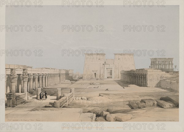 Egypt and Nubia, Volume I: Grand Approach to the Temple of Philae, Nubia, 1847. Louis Haghe (British, 1806-1885), F.G.Moon, 20 Threadneedle Street, London, after David Roberts (British, 1796-1864). Color lithograph; sheet: 43.2 x 60.3 cm (17 x 23 3/4 in.); image: 34.5 x 51.5 cm (13 9/16 x 20 1/4 in.)