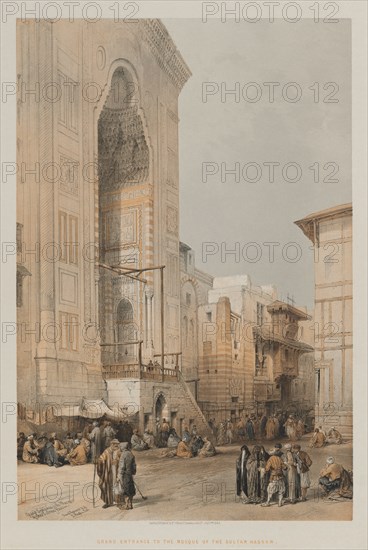 Egypt and Nubia, Volume III: Grand Entrance to the Mosque of the Sultan Hassan, 1849. Louis Haghe (British, 1806-1885), F.G.Moon, 20 Threadneedle Street, London, after David Roberts (British, 1796-1864). Color lithograph; sheet: 60.4 x 43.5 cm (23 3/4 x 17 1/8 in.); image: 48.8 x 32.5 cm (19 3/16 x 12 13/16 in.)