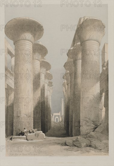 Egypt and Nubia, Volume I: Thebes, Great Hall at Karnac, 1848. Louis Haghe (British, 1806-1885), F.G.Moon, 20 Threadneedle Street, London, after David Roberts (British, 1796-1864). Color lithograph; sheet: 60.3 x 42.8 cm (23 3/4 x 16 7/8 in.); image: 48 x 32.7 cm (18 7/8 x 12 7/8 in.)