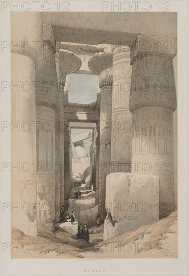 Egypt and Nubia, Volume II: Karnak, 1847. Louis Haghe (British, 1806-1885), F.G.Moon, 20 Threadneedle Street, London, after David Roberts (British, 1796-1864). Color lithograph; sheet: 43.5 x 60.2 cm (17 1/8 x 23 11/16 in.); image: 32.6 x 48.9 cm (12 13/16 x 19 1/4 in.).