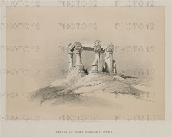 Egypt and Nubia, Volume I: Temple of Wady Kardassy in Nubia, 1846. Louis Haghe (British, 1806-1885), F.G.Moon, 20 Threadneedle Street, London, after David Roberts (British, 1796-1864). Color lithograph; sheet: 36.1 x 42.8 cm (14 3/16 x 16 7/8 in.); image: 25.1 x 34.9 cm (9 7/8 x 13 3/4 in.).