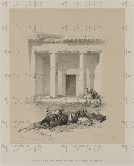 Egypt and Nubia, Volume I: Entrance to the Caves of Beni-Hasan, 1847. Louis Haghe (British, 1806-1885), F.G.Moon, 20 Threadneedle Street, London, after David Roberts (British, 1796-1864). Color lithograph; sheet: 38.8 x 40.7 cm (15 1/4 x 16 in.); image: 29.3 x 25 cm (11 9/16 x 9 13/16 in.).