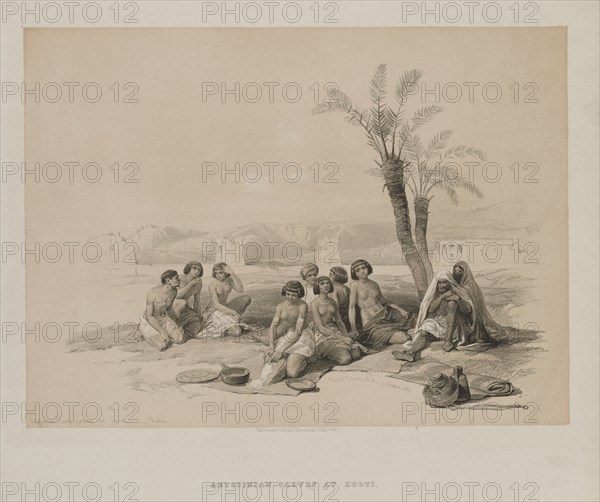 Egypt and Nubia, Volume I: Abyssinian Slaves Resting at Korti-Nubia, 1847. Louis Haghe (British, 1806-1885), F.G.Moon, 20 Threadneedle Street, London, after David Roberts (British, 1796-1864). Color lithograph; sheet: 37.3 x 42.9 cm (14 11/16 x 16 7/8 in.); image: 25.9 x 35.1 cm (10 3/16 x 13 13/16 in.)
