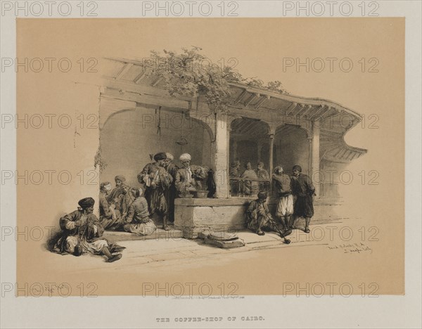Egypt and Nubia, Volume III: The Coffee Shop, 1849. Louis Haghe (British, 1806-1885), F.G.Moon, 20 Threadneedle Street, London, after David Roberts (British, 1796-1864). Color lithograph; sheet: 34.7 x 43.8 cm (13 11/16 x 17 1/4 in.); image: 25.3 x 35.2 cm (9 15/16 x 13 7/8 in.).