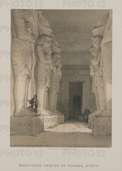 Egypt and Nubia, Volume I: Excavated Temple of Gyrshe, Nubia, 1846. Louis Haghe (British, 1806-1885), F.G.Moon, 20 Threadneedle Street, London, after David Roberts (British, 1796-1864). Color lithograph; sheet: 35.8 x 40.7 cm (14 1/8 x 16 in.); image: 23.9 x 17.6 cm (9 7/16 x 6 15/16 in.)