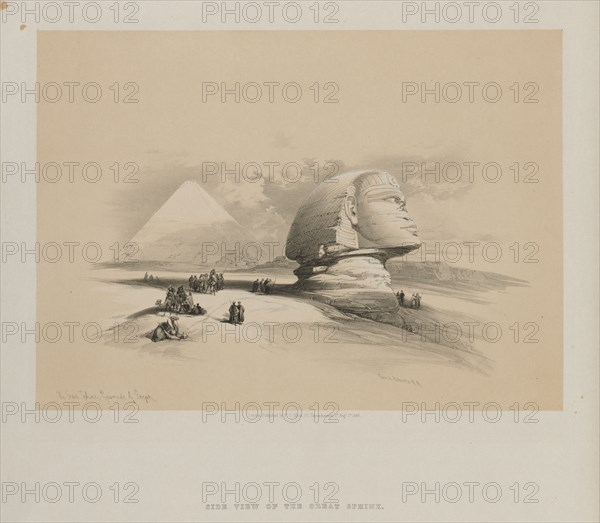 Egypt and Nubia, Volume I: The Great Sphinx, Pyramids of Gezeeh, 1846. Louis Haghe (British, 1806-1885), F.G.Moon, 20 Threadneedle Street, London, after David Roberts (British, 1796-1864). Color lithograph; sheet: 39.5 x 42.9 cm (15 9/16 x 16 7/8 in.); image: 26 x 36.1 cm (10 1/4 x 14 3/16 in.)